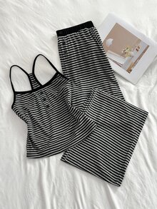 Elamini Petite Women's Elegant Versatile Commuter Fashion Petite Striped Tank Top & Pants 2 Pieces Set - Black and White - View 4