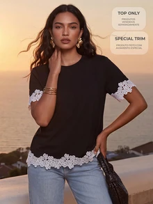 CAJUNI Women's Lace Patchwork Casual Versatile Daily Wear T-Shirt - Black and White - View 9