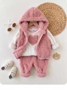 SHEIN Baby Girl Embroidered Long Sleeve Top And Pants With Zipper Hooded Vest 3 Pieces Set - Pink - View 5