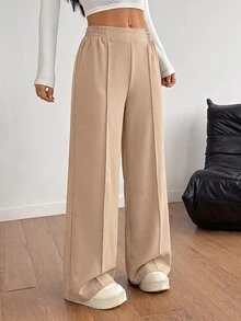 SHEIN PETITE بنطال أسود Y2k بلون موحد وساق واسعة بنطال رسمي للخريف والشتاء مطابقة - كاكي - مشاهدة 1