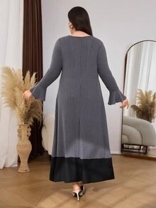 Lacomfia Đầm dáng rộng vừa vặn size lớn phong cách tối giản thường ngày, vải gân phối màu đen patchwork, cổ chữ V, tay dài, cổ tay bèo nhún, cho mùa xuân và mùa thu - Nhiều màu - Xem 2