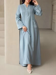 Veilorie فستان عربي للنساء بياقة V محززة وأكمام طويلة وتصميم جيب مطوي - أخضر - مشاهدة 4