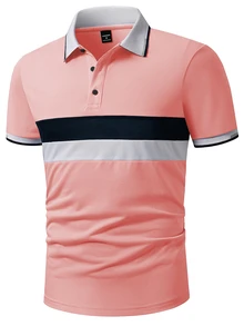 Manfinity Homme 橫條紋藍白灰拼色羅紋拉鍊休閒 Polo 短袖襯衫 - 彩色 - 查看 4