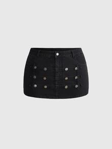 ROMWE Grunge Punk Punk Cavalry Button Design Mini Bodycon Plus Size Denim Skirt (With Built-In Lining Leggings) - Black - View 1