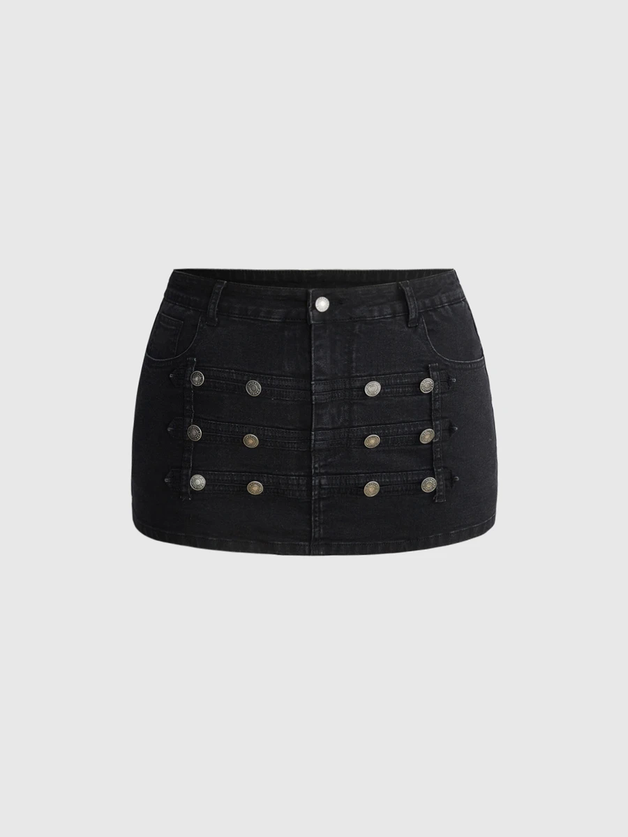 ROMWE Grunge Punk Punk Cavalry Button Design Mini Bodycon Plus Size Denim Skirt (With Built-In Lining Leggings) - Black - View 1