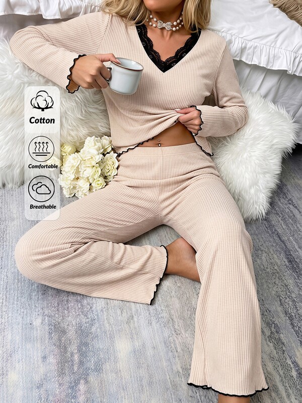SHEIN Cotton Rib 2pcs Pink Long Sleeve Contrast Lace Sleep Tee + Long Pants Casual Lounge Pajama Set