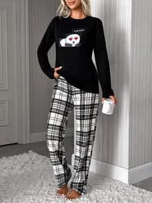 SHEIN طقم بيجامة نسائي لطيف بطبعة باندا وأكمام طويلة مع بنطال مربعات ناعم للمنزل - الأسود - مشاهدة 3