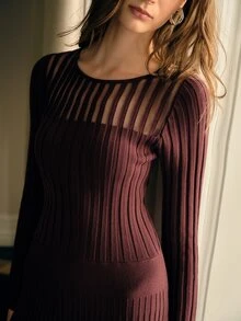 MOTF PREMIUM ELEGANT SEMI-SHEER MID-LENGTH DRESS FOR WOMEN, AUTUMN/WINTER - Burgundy - View 2