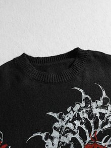 ROMWE MEN Men's Crew Neck Centipede Dark Knit Sweater Streetwear - Black - View 3