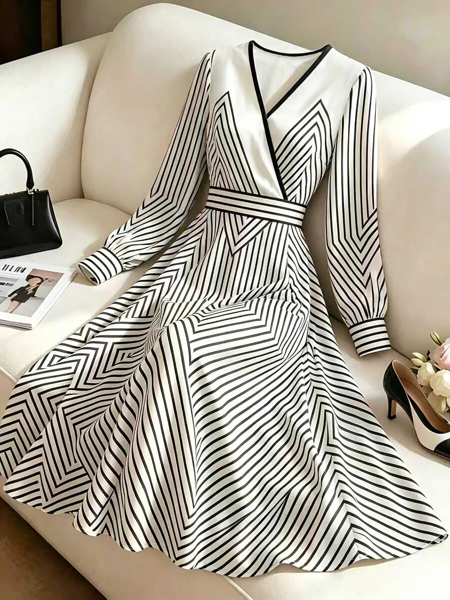 GlowEve Fall Clothes FOR WomenWomen's V-Neck Striped Casual Party Midi Dress - Black and White - View 1