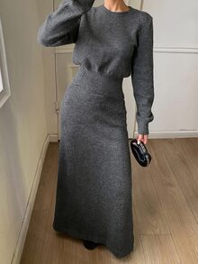 DAZY Solid Color Fitted Crew Neck Long Sleeve Pullover Sweater & A-Line Umbrella Skirt, Elegant Formal Vacation Korean Style Thickened Autumn/Winter 2 Pieces Set For Women - Grey - View 3
