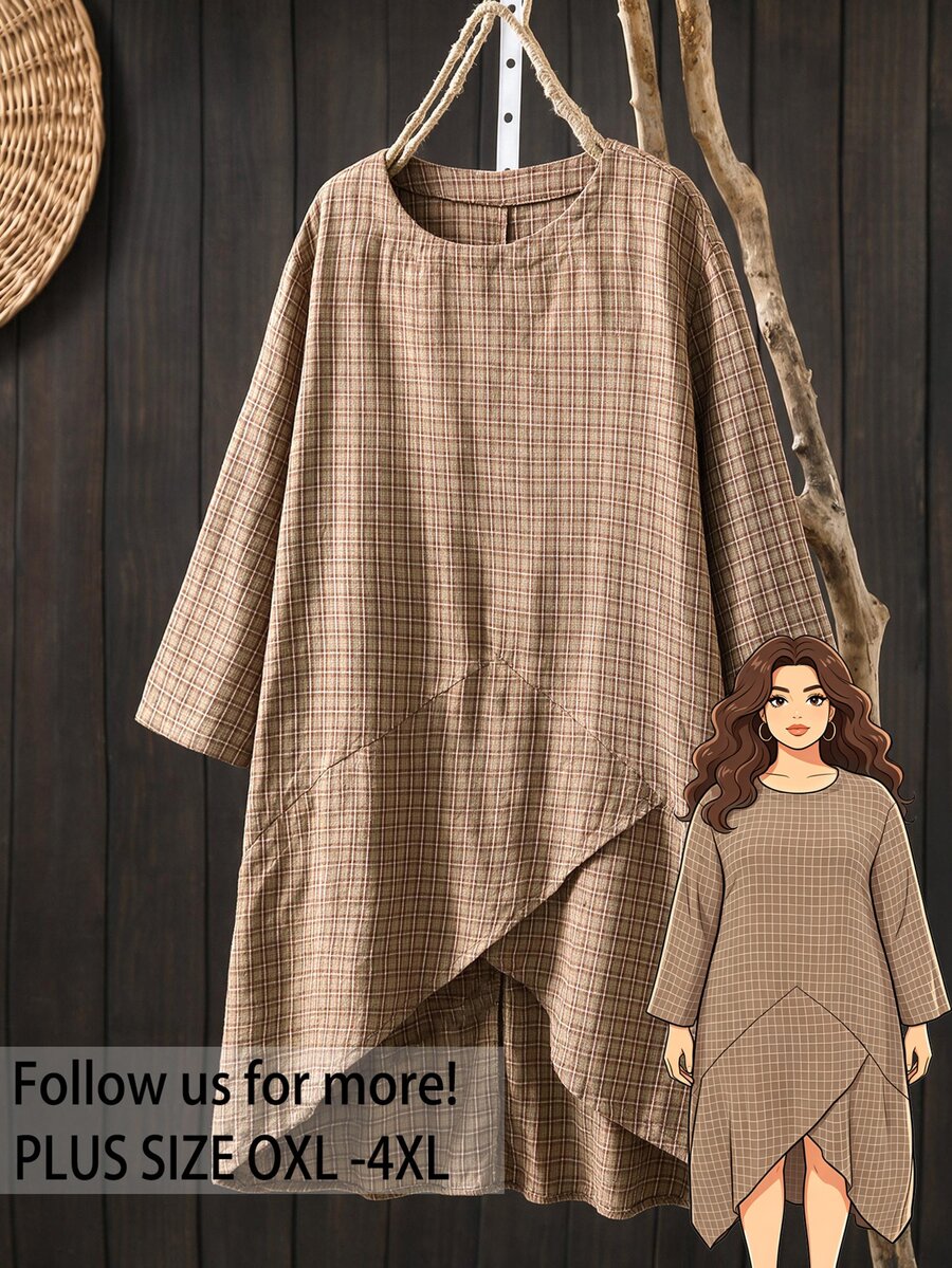 Rusticease Plus Size Casual Vacation Plaid Asymmetrical Hem Dress - Brown - View 1