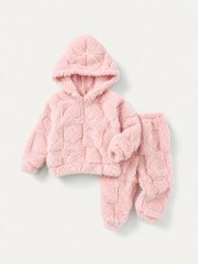 女嬰秋冬可愛粉色毛絨連帽衛衣與彈性腰長褲套裝 - 粉色 - 查看 7