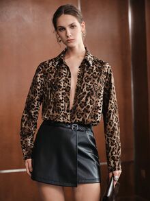 Anewsta Autumn/Winter New Fashion Leopard Print Minimalist Versatile Collared Long Sleeve Shirt - Mocha Brown - View 5