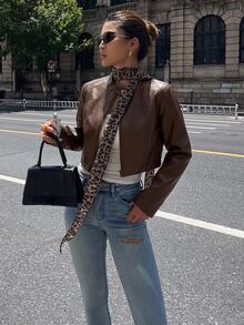 DAZY Women's Solid Color Fitted Short Stand Collar Long Sleeve Zipper Casual Street Vacation Spring Autumn PU Leather Jacket - Coffee Brown - View 6