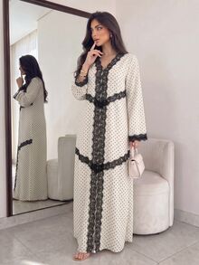 Al Najma Spring/Autumn V-Neck Lace Trim Polka Dot Dress - Black and White - View 4
