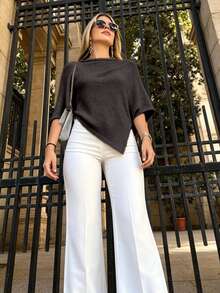 SHEIN PariChic Women's Solid Color Boat Neck Asymmetric Hem Batwing Sleeve Knit Top - Coffee Brown - View 1