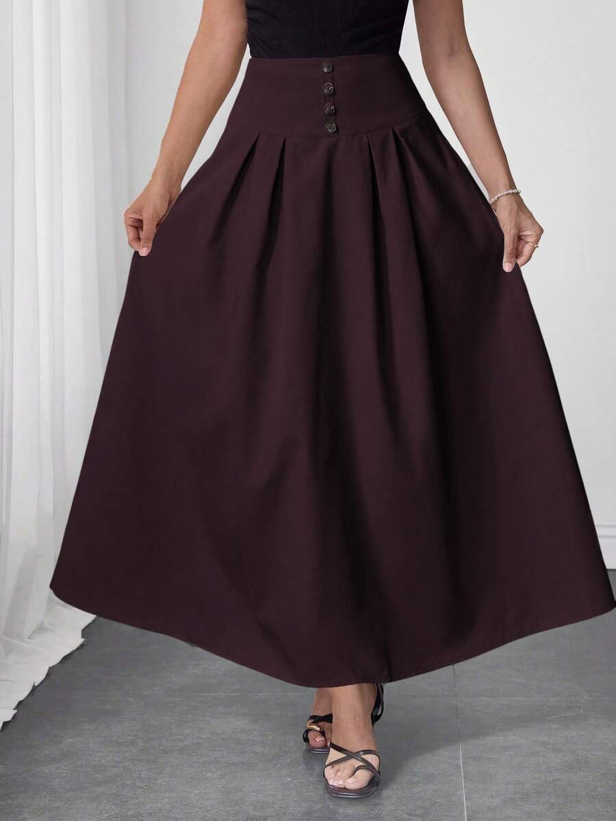 Modelyn Elegant Decorative Buckle Pleated Umbrella Hem Midi Skirt - Burgundy - View 1