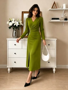 Modelyn Women's Knitted Green Long Sleeve Rhinestone Embellished Romantic Elegant Slim Fit Mid-Length Dress For Party And Outing - Green - View 6