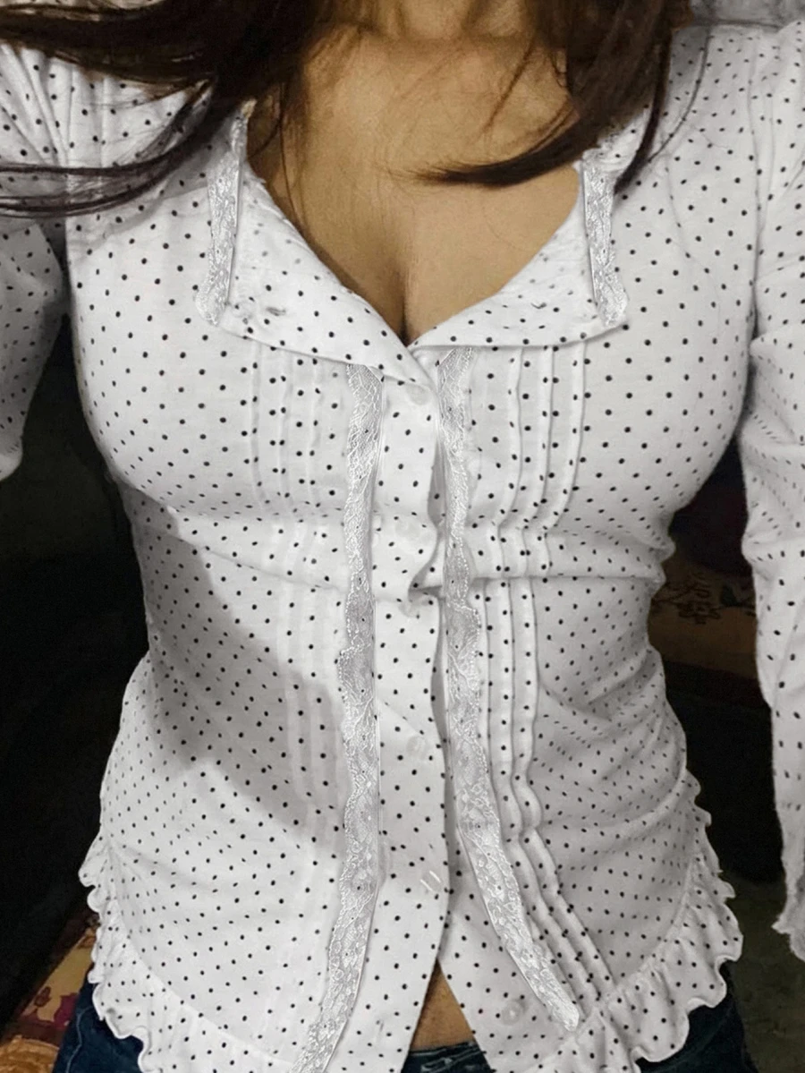 Dazy Plus Korean Style Spring/Autumn V-Neck Long Sleeve Lace Patchwork Pleated Polka Dot White Button Slim Fit Ruffle Hem T-Shirt - White - View 1