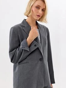 KÆRIA Hus Relaxed Single Breasted Blazer - Compact Tailoring - Charcoal Pinstripe - Elegant, Luxury - Dark Grey - View 5