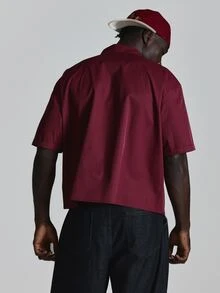 Short Sleeve Boxy Shirt Front Pocket Detail "Musero"Chest Embroidery Autum Winter Essentials - Burgundy - View 5