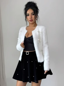 Elenzga Elegant Korean Style White Bowknot Round Neck Button Cardigan Women Long Sleeve Faux Mink Soft Versatile Fashion Top - White - View 3