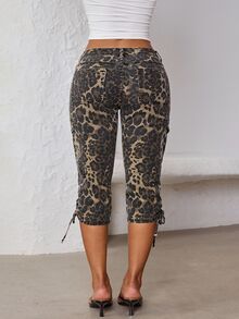 SHEIN CURVE+ Plus Size Women's Leopard Print Casual Versatile Daily Wear Cropped Denim Jeans - Multicolor - View 2