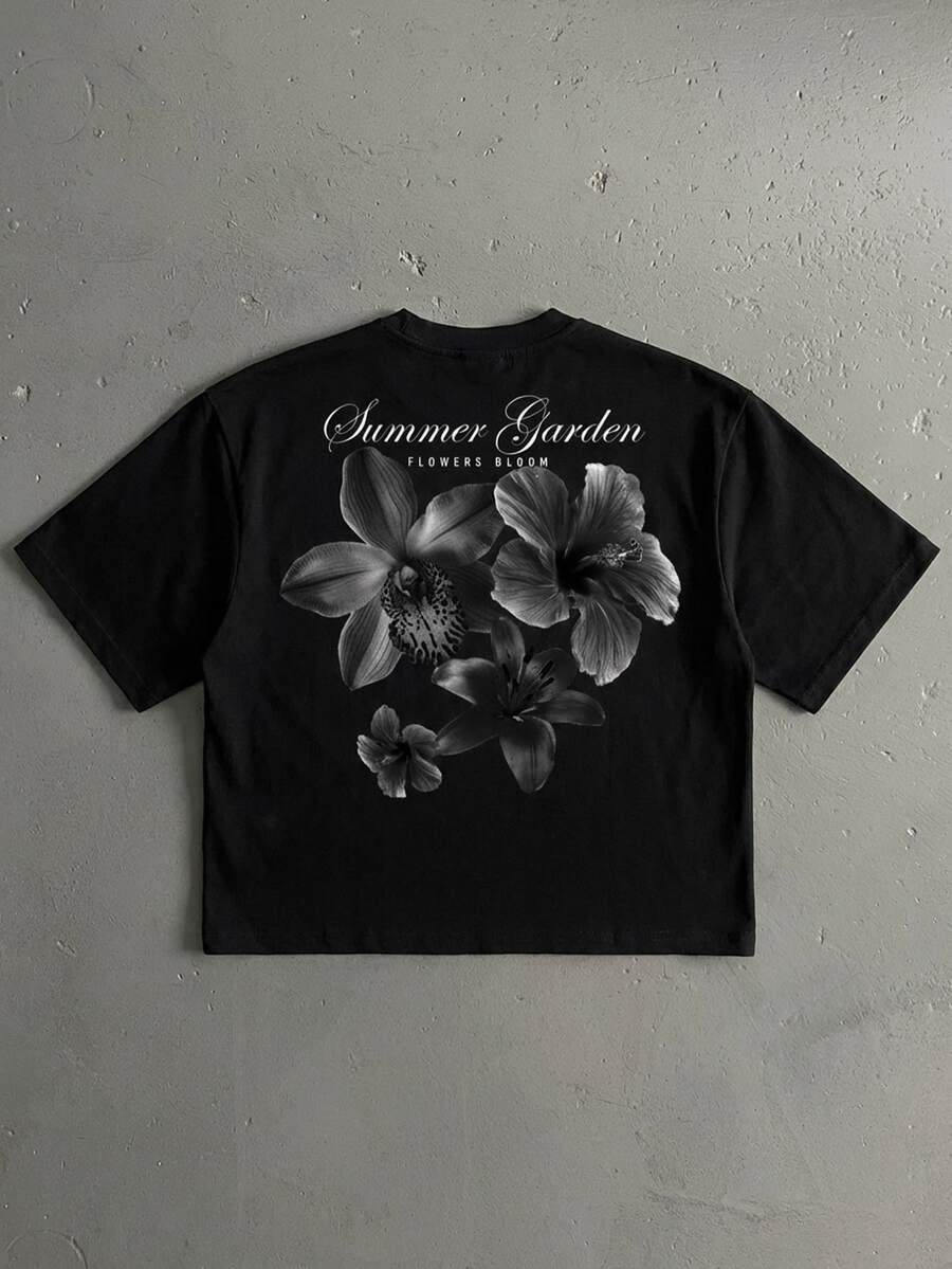 Lonveris Ink Color Floral Handwritten Font Casual Print Men's Black Standard Size Cropped Loose Fit Short Sleeve T-Shirt - Black - View 1