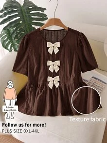 CosyJoli Plus Size Round Neck Short Sleeve Shirt, Everyday Plus Size Top, Apricot Color Plus Size Shirt, Black Bow Design - Brown - View 6