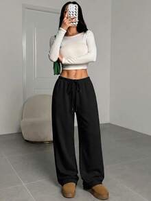 SHEIN EZwear 休閒百搭純色女款運動長褲 - 黑色 - 查看 6