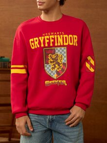 HARRY POTTER X SHEIN Men's Letter Print Crew Neck Casual Pullover Sweatshirt - Red - View 5