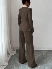 Elenzga 女款優雅通勤長袖對比領收腰A字長版西裝套裝，適合日常穿著、辦公通勤及多種場合，春秋款 - 咖啡棕 - 查看 2