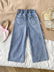 SHEIN LMoss Kids 女童寬鬆寬腿牛仔藍色牛仔褲，夏季波希米亞風薄款牛仔寬腿褲，牛仔女孩風 - 藍色 - 查看 2