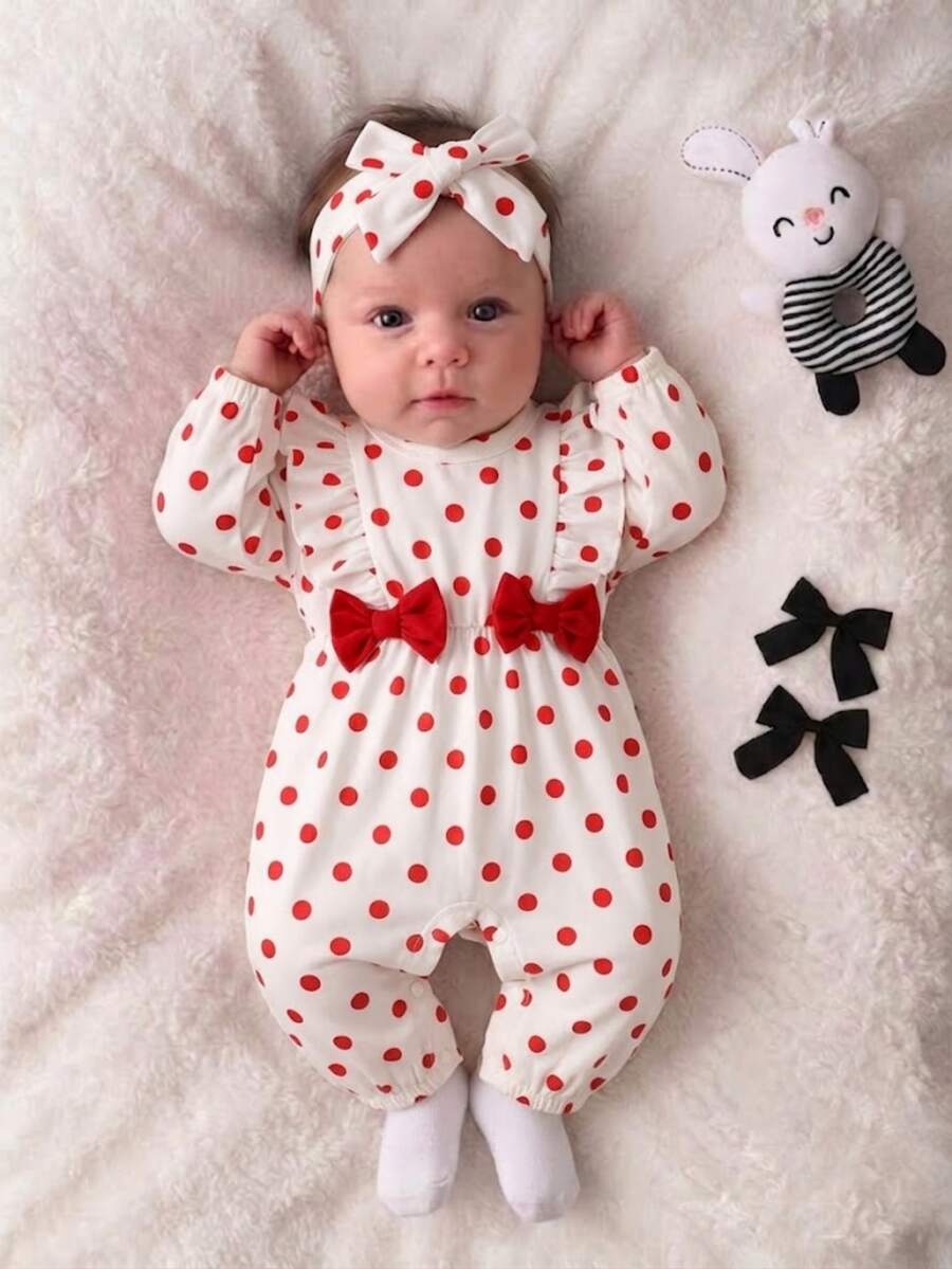 SHEIN Newborn Baby Girl Red Polka Dot Print Ruffle Trim Bow Front Bodysuit With Headband, Autumn - Red - View 1