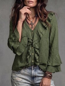 Linhara CURVE Plus Size Women's Woven Regular Fit Autumn/Winter American Vintage Western Style Casual Commute V-Neck Double Layer Ruffle Bell Sleeve Loose Relaxed Slouchy Distressed Gray Green Shirt - Green - View 3
