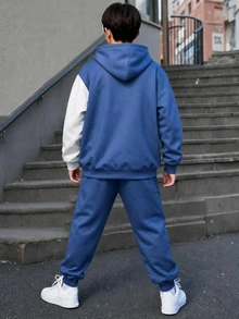 SHEIN 青少年男孩美式復古撞色寬鬆長袖連帽衫套裝，冬季，街頭風，返校季 - 彩色 - 查看 2