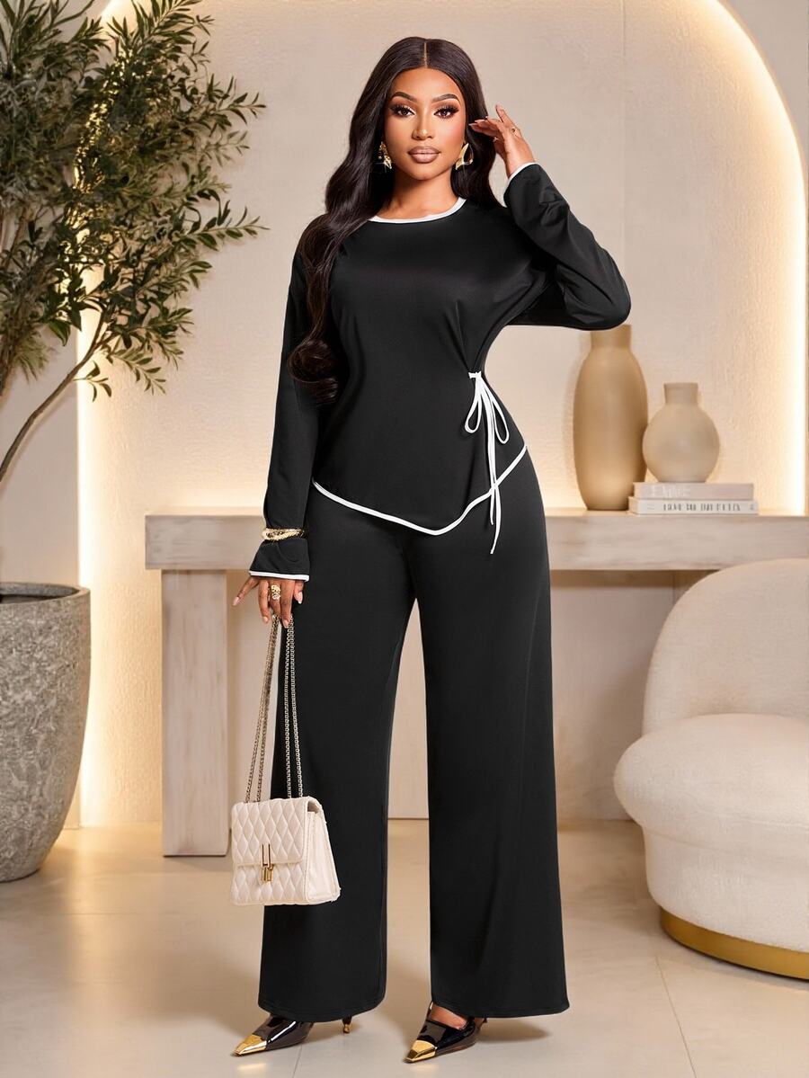 Brilight Contrast Trim Side Drawstring Long Sleeve Top & Wide Leg Pants 2 Pieces Outfit Loose Casual Loungewea - Black - View 1