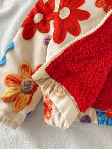 SHEIN 1件幼兒女童可愛3D花朵貼布長袖連帽厚實抓絨內裡拉鍊夾克外套 戶外聖誕冬季秋季 - 彩色 - 查看 9
