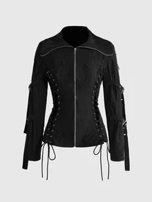 ROMWE Grunge Punk Dark Wanderer Punk Hollow-Out Lace-Up Black Textured Knit Women's Jacket - Black - View 1