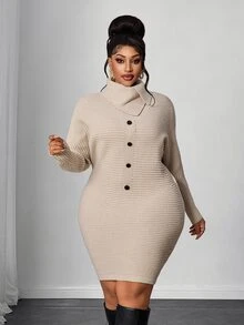 Maweii Plus Size Women's Knit Dress With Collar And Buttons, Fashion Slimming Dress - Khaki - View 2