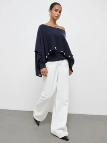 Maija Women's Elegant Commuter Shawl Knit Top - Navy Blue - View 2