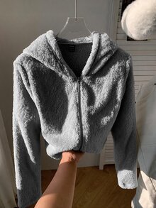 SHEIN EZwear 女款休閒舒適灰色連帽長袖外套 - 灰色 - 查看 4