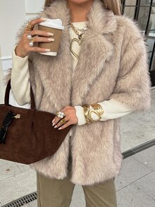 Livesso Women's Vintage Fashion Short Sleeve Faux Fur Jacket Fall - Coffee Brown - View 3