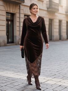 Chikora Plus Size Autumn/Winter Velvet Patchwork Asymmetrical Lace Cowl Neck Long Sleeve Dress - Brown - View 4