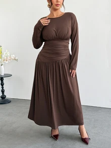 Firerie Plus Size Women's Solid Color Pleated Casual Party Dress - Coffee Brown - View 3
