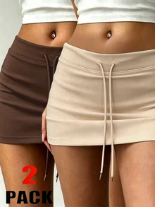 INAWLY Solva 女款抽繩腰純色休閒百搭迷你裙 2件組 - 彩色 - 查看 1