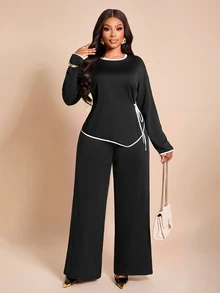 Brilight Contrast Trim Side Drawstring Long Sleeve Top & Wide Leg Pants 2 Pieces Outfit Loose Casual Loungewea - Black - View 8