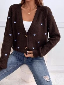 SHEIN Frenchy 愛心刺繡開襟衫，長袖上衣，秋冬針織毛衣 - 咖啡棕 - 查看 5