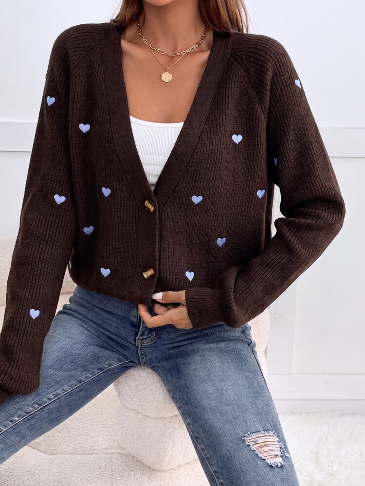 SHEIN Frenchy Cardigan With Heart Embroidery,Long Sleeve Tops,Knitted Sweater In Fall/Winter - Coffee Brown - View 5